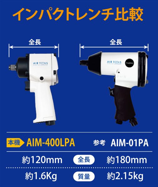 パオック製インパクトレンチの比較。AIM-01PAよりも60mm頭が短く、0.5kg程軽い。